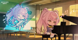  1girl aemeath_(wuthering_waves) chibi chibi_only closed_mouth commentary dress english_commentary hair_ornament highres indoors instrument jacket logo long_hair music official_art orange_eyes playing_instrument playing_piano ponytail purple_jacket smile solo star-shaped_pupils star_(symbol) symbol-shaped_pupils white_dress wuthering_waves 