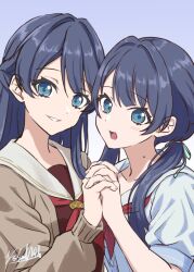  2girls blue_dress blue_ribbon blush brown_dress cardigan commentary_request cover_image dress dual_persona grin hair_ribbon half_updo hasu_no_sora_school_uniform holding_hands interlocked_fingers link!_like!_love_live! long_sleeves looking_at_viewer love_live! low_twintails mole mole_on_neck multiple_girls multiple_seasonal_school_uniforms murano_sayaka neckerchief open_cardigan open_clothes open_mouth puffy_short_sleeves puffy_sleeves purple_background red_neckerchief ribbon sailor_collar sailor_dress satolive20 school_uniform short_sleeves signature simple_background smile time_paradox twintails unfinished virtual_youtuber white_sailor_collar 