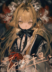  1girl bead_necklace beads blonde_hair bow closed_mouth commission eyelashes flower gloves hair_between_eyes hair_bow hair_intakes hair_ornament headdress highres holding jewelry long_hair long_sleeves looking_at_viewer lu_sangw mihuashi_commission necklace original red_flower red_gloves sidelocks solo upper_body white_flower yellow_eyes 