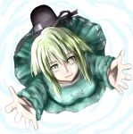  1girl ao-shiba flying green_eyes green_hair hat outstretched_arms soga_no_tojiko solo tate_eboshi touhou 