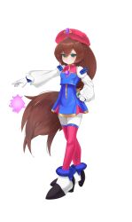  1girl absurdres adapted_costume alternate_costume android beret bodystocking breasts brown_hair chest_jewel commission commissioner_upload eyelashes fauron714 full_body gauntlets gloves green_eyes hair_between_eyes hat high_heels highres iris_(mega_man) long_bangs long_hair long_sleeves low-tied_long_hair medium_breasts mega_man_(series) mega_man_x4 mega_man_x_(series) mega_man_zero_(series) non-web_source ponytail skirt solo thigh-highs transparent_background white_gloves 