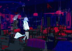  2boys alternate_costume back-to-back backpack bag black_bag black_coat black_mask black_pants black_shoes blue_background bouquet casual ceiling censored censored_identity chair chromatic_aberration coat collared_coat commentary_request covered_mouth danganronpa_(series) danganronpa_v3:_killing_harmony delidelidelic flower from_behind full_body glitch grey_pants hair_between_eyes hands_in_pockets high_collar hood hood_down hoodie implied_yaoi indoors lily_(flower) looking_ahead mask momota_kaito mosaic_censoring mouth_mask multiple_boys oma_kokichi pants plant potted_plant purple_hair restaurant shoes short_hair sneakers table violet_eyes walking walking_away white_flower white_hoodie window 