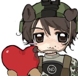  1boy 1hollownesses :3 animal_ears animification beard_stubble blush blush_stickers brown_eyes brown_gloves brown_hair camouflage camouflage_shirt candy chocolate closed_mouth clothes_writing commentary deformed dog_boy dog_ears eating english_commentary english_text facial_hair food food_on_face gloves green_helmet grey_shirt hair_between_eyes hands_up heart heart-shaped_chocolate heart-shaped_food helmet holding holding_chocolate holding_food jitome male_focus nose_blush payton_gendron portrait real_life shirt short_hair simple_background single_blush_sticker straight-on stubble true_crime turtleneck turtleneck_shirt very_short_hair white_background 