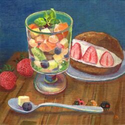  blueberry bug commentary_request cream_puff food food_focus fruit highres ladybug no818 no_humans orange_(fruit) orange_slice original spoon still_life strawberry 