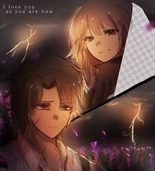  1boy 1girl adobo35893 brown_coat brown_eyes brown_hair catherine_(project_moon) closed_mouth clouds coat commentary_request curtained_hair english_text fake_transparency flower grin heathcliff_(project_moon) lightning limbus_company long_hair looking_ahead looking_at_viewer looking_to_the_side outdoors parted_bangs petals project_moon purple_flower purple_petals scar scar_on_face shirt short_hair smile split_screen violet_eyes white_shirt 