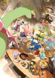  1boy 1girl ;d ahoge antennae bergmite berry_(pokemon) blonde_hair blue_eyes blue_fur blue_sclera blue_shirt breasts brown_jacket cake character-themed_food claws closed_mouth colored_sclera croconaw croissant cropped_shirt cup curry drink e_volution fangs floating floette floette_(orange_flower) floette_(white_flower) flower food food_request fork furry goomy gradient_hair gravy_boat green_eyes hair_bun highres holding holding_flower holding_tray indoors jacket knife long_sleeves manectric mega_manectric mega_pokemon meganium meowstic meowstic_(female) meowstic_(male) midriff multicolored_hair napkin navel neck_fur omelet on_shoulder one_eye_closed open_clothes open_jacket open_mouth orange_flower pants phantump pignite pink_hair pokemon pokemon_(creature) pokemon_legends:_z-a pokemon_on_shoulder red_eyes red_shirt red_sweater ribbed_shirt saucer sharp_teeth shirt shorts smile spoon sweater table tail taunie_(pokemon) teeth tiered_tray tray turtleneck two-tone_fur urbain_(pokemon) white_flower white_fur white_shorts yellow_eyes yellow_sclera 