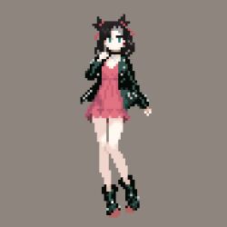  1girl black_boots black_choker black_jacket boots castlebear choker commentary_request dress full_body green_eyes grey_background hair_ribbon hand_up jacket looking_at_viewer marnie_(pokemon) no_mouth pink_dress pixel_art pokemon pokemon_swsh ribbon simple_background solo thighs twintails 