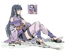  1girl anime_screenshot beerenfuchs blunt_bangs closed_mouth from_side full_body grass horns hyuuga_hinata japanese_clothes katana kimono leaning_back long_hair long_sleeves naruto_(series) naruto_mobile naruto_shippuuden no_pupils off_shoulder official_alternate_costume on_ground outdoors purple_horns purple_kimono red_sash sandals sash shorts single_bare_shoulder sitting sleeveless solo sword thigh-highs violet_eyes weapon white_background wide_sleeves 