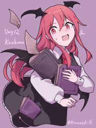  aomurasaki_r black_skirt black_vest black_wings book character_name collared_shirt commentary demon_wings fang flying_paper frilled_skirt frills head_wings highres holding holding_book koakuma long_hair long_sleeves necktie notice_lines open_mouth paper purple_background red_eyes red_hair red_necktie shirt skirt touhou twitter_username vest white_shirt wings 