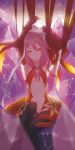  1girl bare_shoulders black_legwear breasts center_opening cleavage detached_sleeves elbow_gloves fingerless_gloves gloves guilty_crown hair_ornament hairclip long_hair looking_at_viewer navel open_mouth pink_hair red_eyes solo thigh-highs twintails yuzuriha_inori 