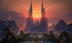  building city_lights cityscape clouds cloudy_sky commentary cyberpunk english_commentary highres hologram orange_sky original outdoors painterly people planet pyramid_(structure) raphael-lacoste scenery science signature sky spacecraft sun sunlight tower 