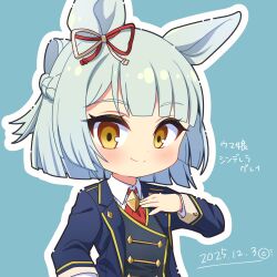  1girl absurdres animal_ears aqua_background ascot blue_jacket blue_outline blue_vest braid buttons chibi chibi_only closed_mouth commentary copyright_name crown_braid dated diamond_brooch double-breasted dress_shirt ear_ribbon fujimasa_march_(umamusume) green_hair half_updo hand_on_own_chest highres horse_ears horse_girl jacket kotoramaru long_sleeves looking_at_viewer outline red_ascot red_ribbon ribbon shirt short_hair smile solo translated umamusume umamusume:_cinderella_gray upper_body vest white_shirt yellow_eyes 