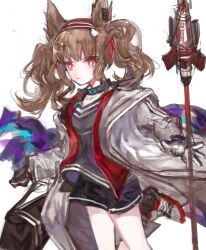  1girl absurdres angelina_(arknights) animal_ears arknights bag black_bag black_collar black_gloves black_shirt black_shoes black_shorts black_socks bright_pupils brown_hair chinese_commentary coat collar commentary_request dot_nose earpiece expressionless fox_ears fox_girl gloves hairband highres holding holding_staff infection_monitor_(arknights) jacket leg_up long_hair long_sleeves messenger_bag multicolored_hairband open_clothes open_coat open_jacket red_coat red_eyes red_hairband red_jacket shirt shoes short_shorts shorts shoulder_bag simple_background sketch sneakers socks solo staff striped_clothes striped_hairband twintails two-tone_hairband white_background white_coat white_pupils yiyuer 