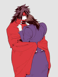  2boys black_hair cape cloak closed_mouth coat dirge_of_cerberus:_final_fantasy_vii english_commentary feet_out_of_frame final_fantasy final_fantasy_vii grey_background head_on_another's_shoulder headband highres hug long_hair long_sleeves male_focus multiple_boys niwawaka purple_coat red_cape red_cloak red_eyes red_headband reeve_tuesti smile spiky_hair standing vincent_valentine 