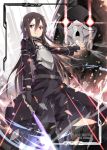  1boy black_eyes black_hair breastplate death_gun energy_sword gabiran kirito kirito_(sao-ggo) long_hair sword sword_art_online trap weapon 