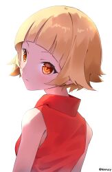  1girl absurdres artist_name blonde_hair blunt_bangs commentary eyelashes flipped_hair from_behind high_collar highres kinrucy kiss-shot_acerola-orion_heart-under-blade kiss-shot_acerola-orion_heart-under-blade_(small) kizumonogatari looking_at_viewer monogatari_(series) oshino_shinobu ringed_eyes shirt short_hair simple_background sleeveless sleeveless_shirt solo untranslatable_commentary very_short_hair white_background yellow_eyes 