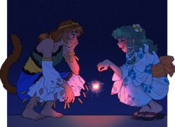  2girls :d ^_^ barefoot blue_dress brown_hair circlet closed_eyes closed_mouth commentary detached_sleeves dress english_commentary fireworks floral_print floral_print_kimono frog_hair_ornament from_side gold_circlet green_dress green_hair hair_ornament hand_on_own_cheek hand_on_own_face highres holding holding_fireworks japanese_clothes kimono kochiya_sanae long_hair long_sleeves monkey_girl monkey_tail multicolored_dress multiple_girls nekolina night open_mouth print_kimono red_hair sandals single_detached_sleeve single_strap sky smile snake_hair_ornament son_biten sparkler squatting star_(sky) starry_sky tail touhou white_kimono white_sleeves yellow_dress 