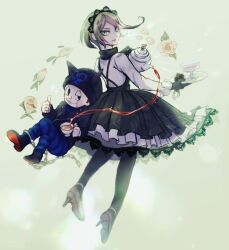  1boy 1girl :3 back-to-back beanie black_boots black_dress black_eyes black_gloves black_hairband black_hat black_jacket black_jumpsuit black_pantyhose blue_jumpsuit blush_stickers boots brown_hair buttons chain cigarette circle_skirt closed_mouth collared_jacket collared_shirt commentary_request criss-cross_back-straps crossed_legs cuffs cup danganronpa_(series) danganronpa_v3:_killing_harmony decantering delidelidelic dress drink drinking_glass eyelashes fake_horns fish floating floating_clothes floating_hair flower flying_fish frilled_dress frilled_sleeves frills full_body gloves green_eyes grey_background grey_hair grey_shoes hairband half-closed_eye happy hat height_difference helmet high_heels holding holding_cup holding_teapot holding_tray horned_helmet horns hoshi_ryoma jacket jumpsuit lace-trimmed_dress lace-trimmed_hairband lace_trim lapels leaf leather leather_jacket light_particles lipstick long_sleeves makeup medium_dress mouth_hold notched_lapels o-ring pantyhose petals pinafore_dress pink_lips piranha pleated_dress prison_clothes rose rose_petals shackles shirt shoes short_hair short_male single_ankle_cuff sleeveless sleeveless_dress sleeves_past_wrists smile stiletto_heels striped_jumpsuit sugar_cube tea teacup teapot tojo_kirumi tray two-tone_jumpsuit white_flower white_rose white_shirt 