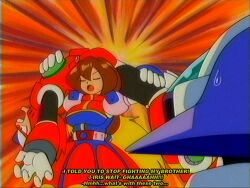  1990s_(style) 1girl 2boys android armor back beret blonde_hair brown_hair carrying carrying_over_shoulder carrying_person chest_jewel closed_eyes dress faux_retro_artstyle forehead_jewel gloves hair_between_eyes hat helmet highres iris_(mega_man) jewelry joints long_hair low-tied_long_hair lueduar lumine_(mega_man) mega_man_(series) mega_man_x_(series) multicolored_dress multiple_boys open_mouth ponytail purple_hair purple_helmet red_armor red_hat red_helmet retro_artstyle robot_ears robot_girl robot_joints screaming upper_body very_long_hair vhs_artifacts white_gloves zero_(mega_man) 