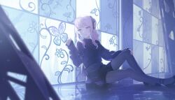  1other akiyama_mizuki black_shirt black_shoes black_sweater bug butterfly closed_mouth colorful_palette dot_nose drill_hair drill_ponytail drill_sidelocks earrings flower flower_earrings full_body furrowed_brow game_cg grey_pantyhose hair_ribbon hand_on_own_knee hand_up high_side_ponytail highres jewelry knee_up layered_sleeves long_sleeves looking_to_the_side medium_hair official_alternate_costume official_alternate_hair_ornament official_art other_focus pantyhose pink_eyes ponytail project_sekai purple_ribbon purple_theme purple_trim ribbed_sweater ribbon shirt shirt_under_sweater shoes shorts sidelocks sitting smile solo soshite_hari_wa_ugokidasu_(project_sekai) stained_glass sweater third-party_source truss 