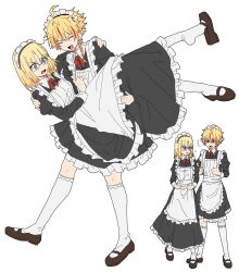  1boy 1girl ahoge apron black_dress blonde_hair blue_eyes blush braid braided_ponytail carrying commentary_request crossdressing crossdressing_(mtf) dress enmaided fate/strange_fake fate_(series) frilled_apron frills full_body glasses highres juliet_sleeves long_sleeves maid maid_apron maid_headdress male_maid medium_hair multicolored_hair multiple_views open_mouth oshushi054 princess_carry puffy_sleeves red_eyes red_streaks richard_i_(fate) sajou_ayaka_(fate/strange_fake) side_braid simple_background single_braid smile standing thumbs_up white_apron white_background 