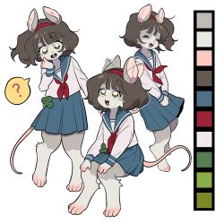  1girl animal_feet animal_hands blue_skirt body_fur brown_hair color_guide commentary digitigrade ear_wiggle full_body furry furry_female green_eyes grey_fur highres lee_ha-kyung mouse_girl multiple_views original school_uniform serafuku short_hair simple_background skirt tail white_background 
