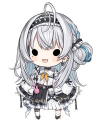  1girl :d asymmetrical_legwear black_hairband black_shoes black_skirt blue_hair blush braid capriccio chibi collared_shirt commentary_request copyright_request dress_shirt frilled_hairband frills full_body grey_hair hair_bun hairband long_sleeves mole mole_under_eye multicolored_hair pleated_skirt shirt shoes simple_background single_side_bun skirt sleeves_past_wrists smile socks solid_oval_eyes solo spiked_hairband spikes standing streaked_hair white_background white_shirt white_skirt white_socks 