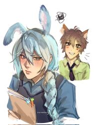  2boys animal_ear_fluff animal_ears blue_eyes blue_hair blue_shirt blush braid braided_ponytail brown_eyes brown_hair bulletproof_vest carrot closed_mouth collared_shirt cosplay cropped_shoulders edmond_(nu_carnival) fox_boy fox_ears furrowed_brow green_shirt hair_between_eyes hair_over_shoulder highres holding_file judy_hopps judy_hopps_(cosplay) kemonomimi_mode kissawnshelly long_hair long_shirt looking_at_viewer looking_back low_side_ponytail male_focus multiple_boys necktie nick_wilde nick_wilde_(cosplay) nu_carnival police police_uniform rabbit_boy rabbit_ears raised_eyebrows shirt short_hair simple_background squiggle striped_clothes striped_necktie white_background zootopia 