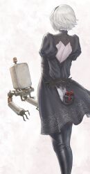  1girl 2b_(nier:automata) arms_behind_back back_cutout black_boots black_dress black_gloves black_hairband boots clothing_cutout commentary cube dress english_commentary facing_away feather-trimmed_sleeves feet_out_of_frame from_behind gift gloves grey_hair hairband highres holding holding_gift juliet_sleeves long_sleeves nier:automata nier_(series) pod_(nier:automata) puffy_sleeves short_hair solo standing thigh_boots tomozoo83 