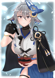  1girl absurdres animal_ears azur_lane black_capelet black_gloves blue_skirt bowl breasts capelet commentary_request fox_ears fox_girl gloves grey_hair hair_between_eyes highres holding holding_paintbrush ink large_breasts long_hair looking_at_viewer mask mask_on_head new_year paintbrush pink_eyes sethia_sgs shirt simple_background single_bare_shoulder skirt solo thigh_strap tosa_(azur_lane) white_shirt 