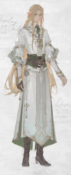  1boy :| absurdres arm_guards belt black_belt black_boots black_gloves blonde_hair boots brooch chinese_commentary closed_mouth collared_shirt commentary_request curtained_hair dreamcatcher ear_chain earrings elf frilled_sleeves frills full_body gem gloves green_eyes green_gem green_ribbon hand_jewel highres jewelry linked_piercing long_hair looking_at_viewer male_focus mole mole_under_eye multiple_moles neck_ribbon original parted_bangs pendant piercing pointy_ears purple_gem ribbon ring robe shirt simple_background single_glove sleeve_garter solo standing tassel three-quarter_sleeves two-sided_fabric very_long_hair wallet_chain watermark weibo_watermark white_background white_robe white_shirt zhi_senliang 
