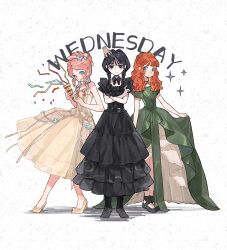  3girls absurdres aqua_eyes black_boots black_collar black_dress black_eyes black_hair black_shoes boots bow braid character_name character_request chinese_commentary collar commentary_request detached_collar disembodied_hand dress footwear_bow frilled_dress frills full_body green_dress green_eyes hand_on_another's_head high-low_dress high_heels highres hui_mianbao_ji lace-up_boots long_dress medium_hair multicolored_hair multiple_girls orange_hair pink_hair platform_sandals pumps sandals shoes short_sleeves standing streamers the_addams_family twin_braids updo wavy_hair wednesday_(netflix) wednesday_addams yellow_dress yellow_shoes 