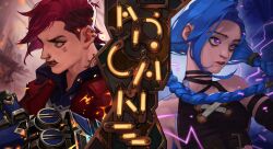  2girls arcane:_league_of_legends arcane_jinx arcane_vi asymmetrical_hair bare_shoulders black_choker black_gloves black_shirt blue_hair braid breasts choker closed_mouth cloud_tattoo copyright_name crop_top earrings elbow_gloves eyebrow_cut facial_tattoo furrowed_brow gloves grey_eyes hashtag-only_commentary highres jacket jewelry jinx_(league_of_legends) league_of_legends long_hair m88km88k medium_breasts midriff multiple_earrings multiple_girls parted_bangs red_hair red_jacket scar scar_on_face scar_on_mouth shirt short_hair shoulder_tattoo siblings sidecut single_elbow_glove sisters sparks tattoo twin_braids undercut upper_body very_long_hair vi_(league_of_legends) violet_eyes 