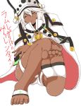  1girl bad_feet barefoot cloak dark_skin feet guilty_gear guilty_gear_xrd hat numadaira orange_eyes ramlethal_valentine sitting white_hair 