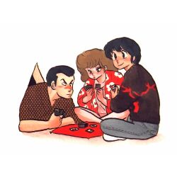  1girl 2boys black_eyes black_hair black_shirt brown_hair card crossed_legs denim floral_print godai_yuusaku highres holding holding_card hole_in_wall honeycomb_(pattern) honeycomb_print jeans karuta_(card_game) long_hair long_sleeves looking_to_the_side maison_ikkoku multiple_boys non-web_source official_art pants playing_card_game playing_games roppongi_akemi shirt short_hair short_sleeves simple_background smile socks takahashi_rumiko white_background white_socks yotsuya 