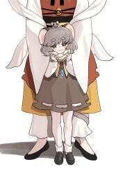  2girls :3 animal_ears animal_on_head black_shoes blush_stickers bobby_socks brown_dress brown_shoes commentary_request dress full_body grey_hair hagoromo hands_on_another's_cheeks hands_on_another's_face hands_up head_out_of_frame height_difference highres jewelry kepona loafers long_sleeves looking_at_viewer mouse_(animal) mouse_ears mouse_girl mouse_tail multiple_girls nazrin on_head pants pendant red_dress red_eyes shawl shoes short_eyebrows short_hair socks tail thick_eyebrows toramaru_shou touhou white_background white_pants white_socks wide_sleeves 