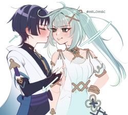  1boy 1girl ahoge aqua_eyes aqua_pupils armlet armor arms_at_sides arrow_(symbol) belt black_belt black_bodysuit black_bridal_gauntlets black_hair black_shorts blue_cape blue_sleeves blunt_bangs blunt_ends blush bodysuit bracelet bridal_gauntlets cape center-flap_bangs closed_eyes clothing_cutout collarbone couple cowlick dress ear_blush eyeliner facing_another faruzan_(genshin_impact) fingernails furisode furrowed_brow genshin_impact gold gold_ring hair_ornament hand_on_own_arm hand_on_own_hip hand_up hetero highres japanese_armor japanese_clothes jewelry kimono kote kurokote layered_sleeves leaning_forward long_hair looking_at_another makeup melomisc middle_ring mismatched_pupils open_clothes open_kimono open_mouth parted_lips pink_lips pink_nails purple_pupils purple_sash red_eyeliner sash scaramouche_(genshin_impact) short_sleeves shorts shoulder_cutout sidelocks sideways_mouth sketch smirk symbol-shaped_pupils triangle-shaped_pupils tsurime turning_head turtleneck turtleneck_bodysuit twintails twitter_username wanderer_(genshin_impact) white_background white_dress white_kimono white_mouth white_sleeves x_hair_ornament x_ornament 