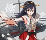  1girl armpits bare_shoulders black_hair brown_eyes cannon character_name detached_sleeves haruna_(kantai_collection) headgear japanese_clothes kantai_collection long_hair looking_at_viewer machinery nikkunemu nontraditional_miko pleated_skirt skirt solo turret 