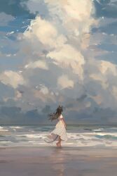  1girl animal_ears barefoot beach blue_sky brown_hair cat_ears cat_girl cat_tail clouds cloudy_sky cumulonimbus_cloud day dress floating_hair highres horizon long_hair ocean original outdoors risorins scenery simple_bird sky solo standing tail white_dress wide_shot 