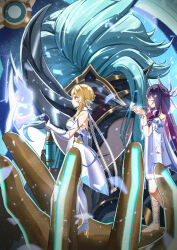  1boy 2girls absurdres arm_ribbon bare_shoulders black_gloves black_hair black_mask blonde_hair blowing blue_hair closed_eyes colored_inner_hair columbina_(genshin_impact) commentary covered_eyes detached_sleeves dottore_(genshin_impact) dottore_(heretic_of_the_false_moon)_(genshin_impact) dress earrings eye_mask genshin_impact gloves gradient_hair hair_ribbon hands_up head_wings highres in_palm jewelry long_hair lumine_(genshin_impact) luonnotar_(genshin_impact) mask multicolored_hair multiple_girls open_mouth outline parted_lips purple_hair ribbon short_hair_with_long_locks sidelocks smile two-tone_hair watatai white_dress white_outline white_ribbon white_sleeves white_wings wings yellow_eyes 