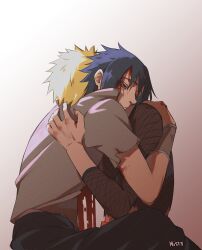  2boys absurdres black_hair black_pants bleeding blonde_hair blood blood_on_face commentary crying english_commentary fishnets gradient_background grey_shirt highres hug male_focus multiple_boys naruto_(series) naruto_shippuuden nose pants shirt short_hair tears themidnights0ng torn_clothes two-tone_background uchiha_sasuke uzumaki_naruto white_background 