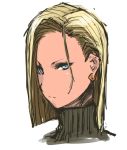  1girl android_18 blonde_hair blue_eyes dragon_ball dragon_ball_z earrings face forehead highres jewelry nameo_(judgemasterkou) short_hair side_part solo turtleneck 