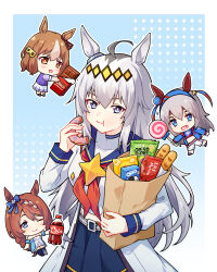  4girls ahoge animal_ears bag baguette belno_light_(umamusume) blue_bow blue_dress blue_eyes blue_hairband blue_jacket blue_sailor_collar blue_skirt blue_sports_bra blush bottle bow braid bread breasts brooch brown_hair candy chibi chinese_commentary chips_(food) chocolate closed_mouth commentary_request condottieri doughnut dress ear_covers ear_ornament ear_ribbon eating fang food grey_hair hair_between_eyes hair_ornament hairband headband highres holding holding_candy holding_donut holding_food holding_lollipop horse_ears horse_girl horse_tail jacket jewelry lay's_(potato_chips) lightning_bolt_print lightning_bolt_symbol lollipop long_hair long_sleeves midriff multicolored_hair multicolored_hairband multiple_girls neckerchief oguri_cap_(starlight_beat)_(umamusume) oguri_cap_(umamusume) one_eye_closed onion_rings open_mouth oreo pants paper_bag partial_commentary pleated_skirt puffy_short_sleeves puffy_sleeves purple_shirt red_headband red_neckerchief sailor_collar sailor_shirt school_uniform shirt shopping_bag short_hair short_sleeves skirt smile soda_bottle sports_bra star_brooch streaked_hair striped_clothes striped_hairband super_creek_(murmuring_stream)_(umamusume) super_creek_(umamusume) tail tamamo_cross_(fast_as_lightning)_(umamusume) tamamo_cross_(umamusume) tracen_school_uniform two-tone_hair two-tone_hairband umamusume umamusume:_cinderella_gray very_long_hair white_hair white_jacket white_pants white_shirt white_skirt 