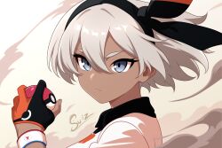  1girl bea_(pokemon) black_hairband blue_eyes closed_mouth dark-skinned_female dark_skin expressionless from_side gloves hairband highres holding holding_poke_ball looking_at_viewer looking_to_the_side poke_ball poke_ball_(basic) pokemon portrait short_hair solo su1zide white_hair 