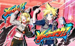  1boy 1girl ^_^ aqua_eyes belt black_pants blonde_hair blue_sweater bow_hairband choker clenched_hand closed_eyes collared_sweater colorful_palette crop_top emphasis_lines english_text fang game_cg grey_shirt grey_vest grin hair_ornament hairband hairclip highres holding holding_paddle hood hooded_vest hoodie kagamine_len kagamine_rin long_sleeves official_art outline paddle pants project_sekai puffy_long_sleeves puffy_sleeves sekai_no_happy_new_year!_(project_sekai) shirt smile spiky_hair sweater teeth third-party_source vest vivid_bad_squad_len vivid_bad_squad_rin vocaloid white_belt white_outline 