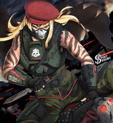  1girl 1other alternate_costume armor artist_logo automaton_(helldivers) beret black_cape black_hair blonde_hair breastplate camouflage cape colored_tips combat_knife commentary english_commentary faulds fingerless_gloves gloves hat helldiver_(helldivers) helldivers_(series) highres holding holding_knife knife logo long_hair making-of_available mask military_uniform mouth_mask multicolored_hair red_eyes red_hat reverse_grip scar scar_on_arm scars_all_over sleeveless soldier solo solo_focus spiritdraws straddling toned torn_cape torn_clothes torn_sleeves tsurime vambraces weapon 