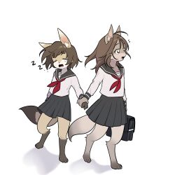  2girls black_skirt body_fur brown_fur brown_hair commentary fox_girl full_body furry furry_female grabbing_another's_hand highres lee_ha-kyung multiple_girls original school_uniform serafuku simple_background skirt sleepy tail teardrop walking white_background zzz 
