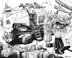  2girls bow closed_mouth commentary_request dress greyscale hat hat_bow highres long_sleeves maribel_hearn medium_hair monochrome motor_vehicle multiple_girls no_headwear outdoors pointing science_fiction shadow shirt shoes short_hair skirt socks super-flat-world torii touhou usami_renko 