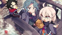  1girl 2boys ahoge black_eyes black_hair black_kimono black_scarf blonde_hair blush bow bridge brown_eyes chibi chibi_only copyright_logo copyright_notice fate/grand_order fate_(series) grey_eyes grey_hair grey_kimono hair_bow highres hijikata_toshizou_(fate) japanese_clothes kimono layered_kimono logo long_sleeves multiple_boys negi_(ulog'be) official_art okita_souji_(fate) okita_souji_(koha-ace) open_mouth orange_kimono parted_bangs red_scarf saitou_hajime_(fate) scarf short_hair smile wide_sleeves 