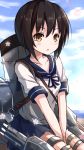  1girl :o black_hair blue_skirt brown_eyes fubuki_(kantai_collection) kantai_collection light_brown_eyes machinery nikkunemu ocean pleated_skirt school_uniform serafuku short_hair skirt sky torpedo twitter_username 